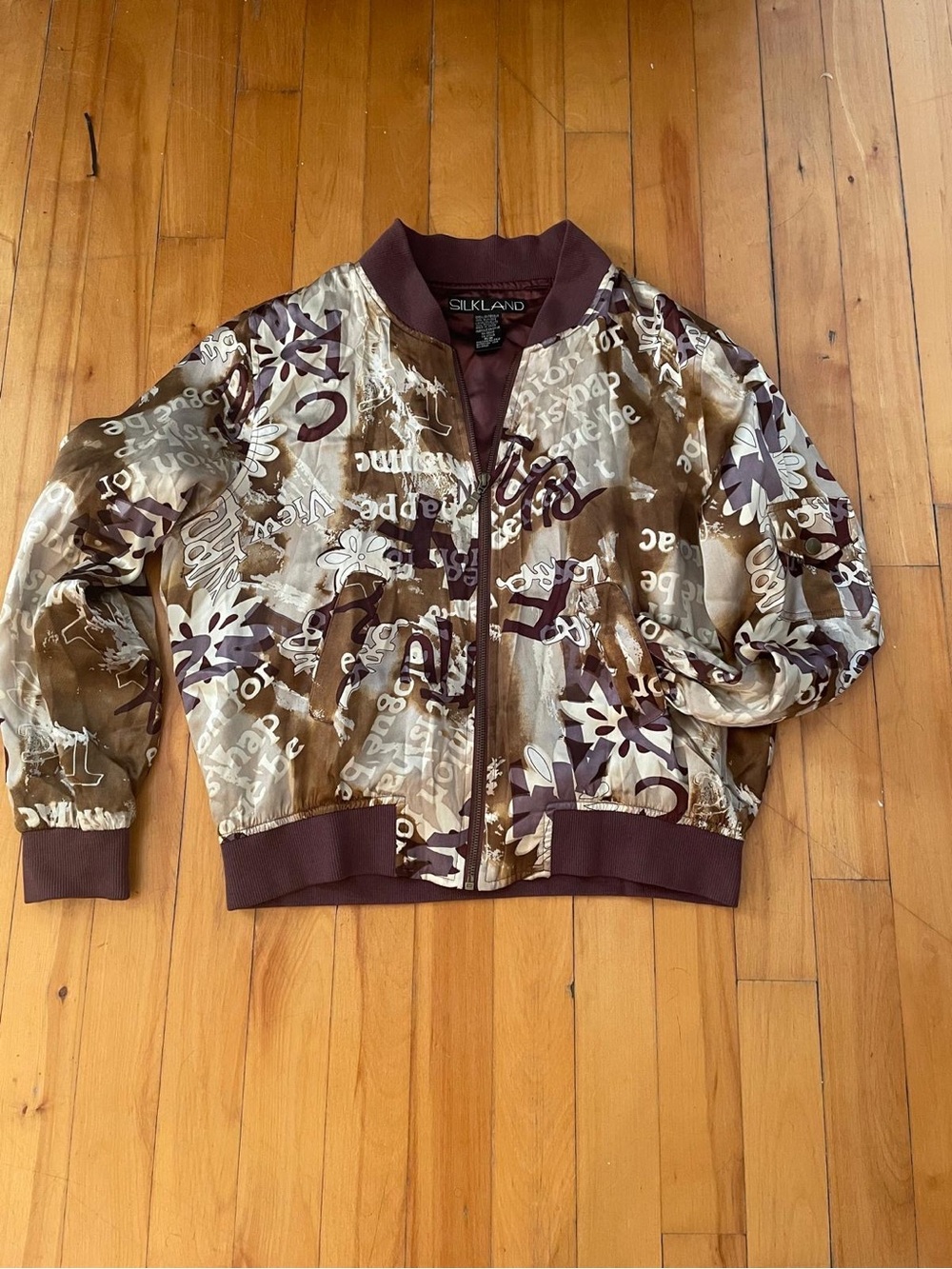 SilkLand Brown and Cream Floral Script Bomber Jacket